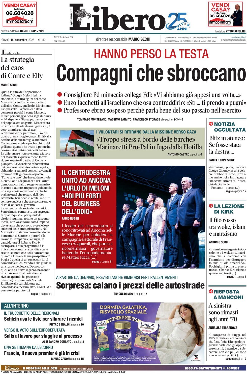 Prima Pagina Libero Quotidiano 18/09/2025