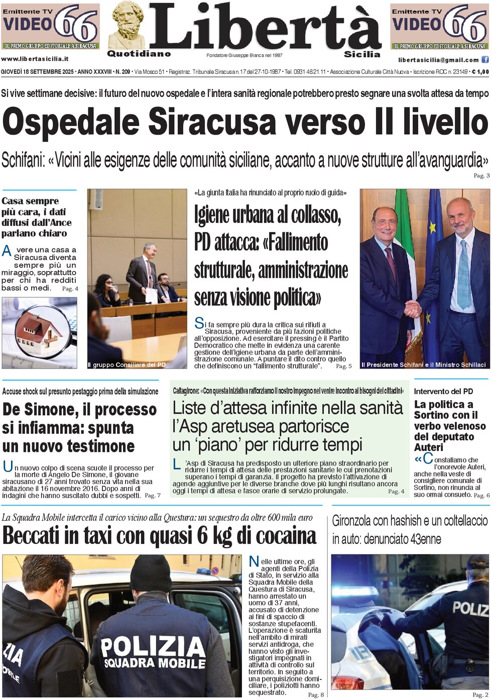 Prima Pagina Libertà Sicilia 18/09/2025