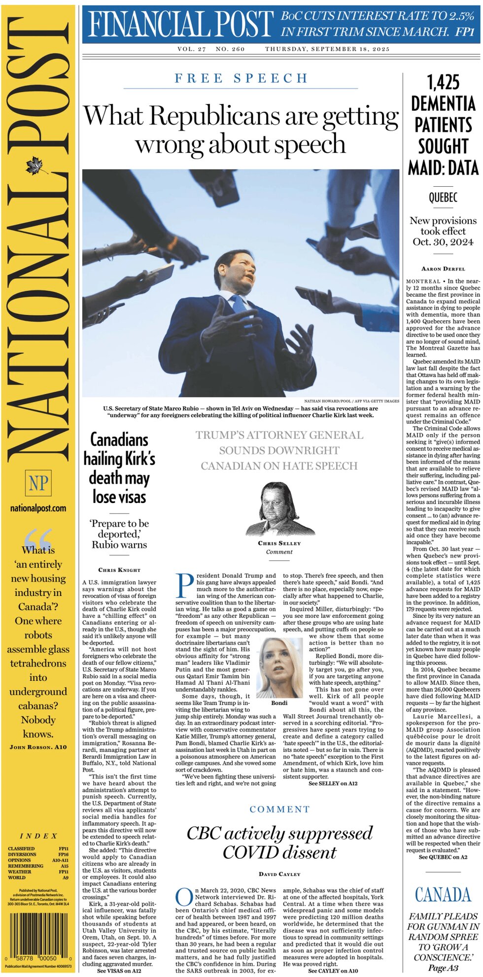 Prima Pagina National Post (The Post) 18/09/2025