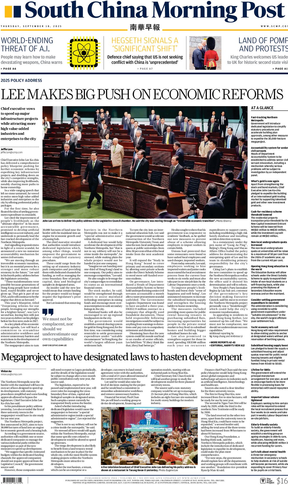 Prima Pagina South China Morning Post 18/09/2025