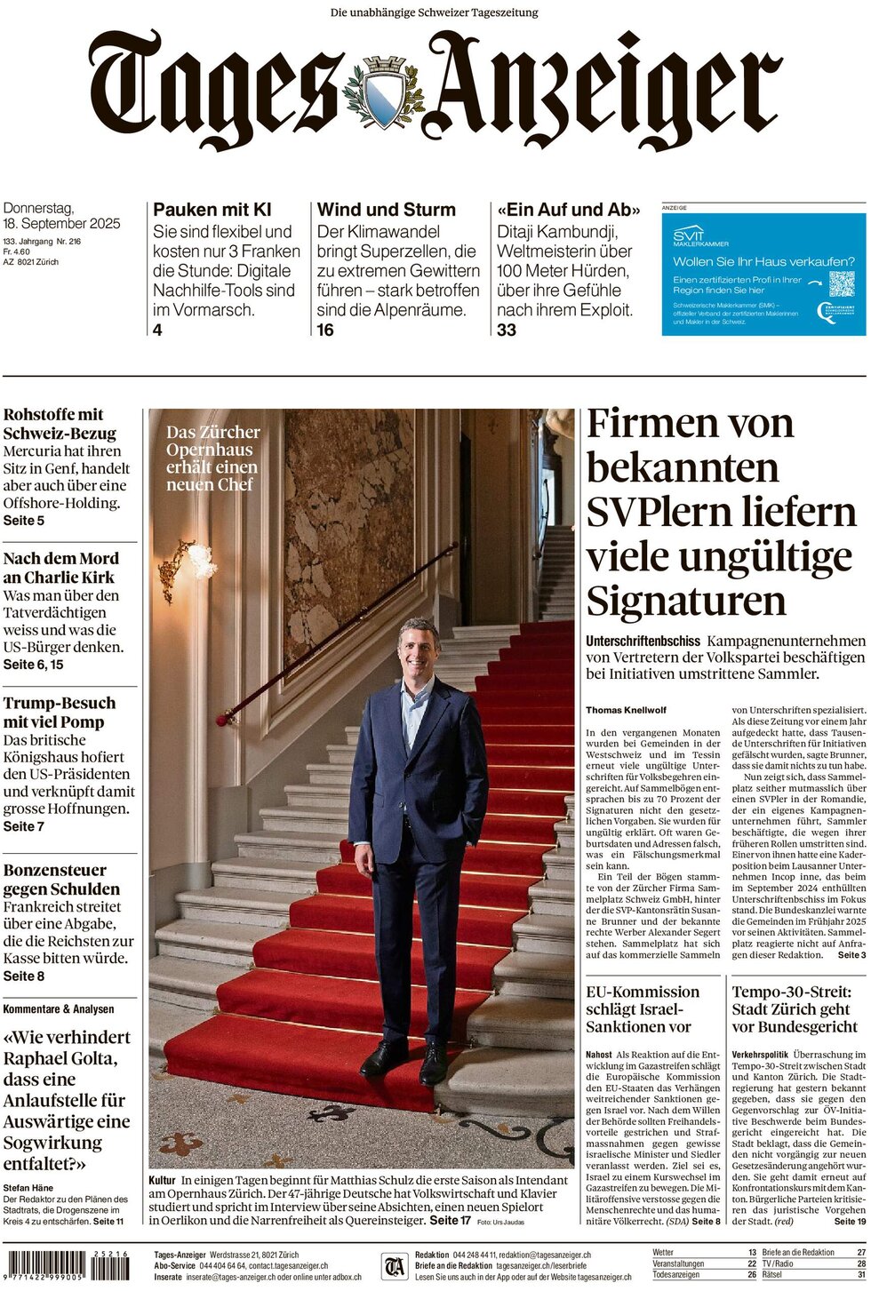 Prima Pagina Tages-Anzeiger (Tagi TA) 18/09/2025