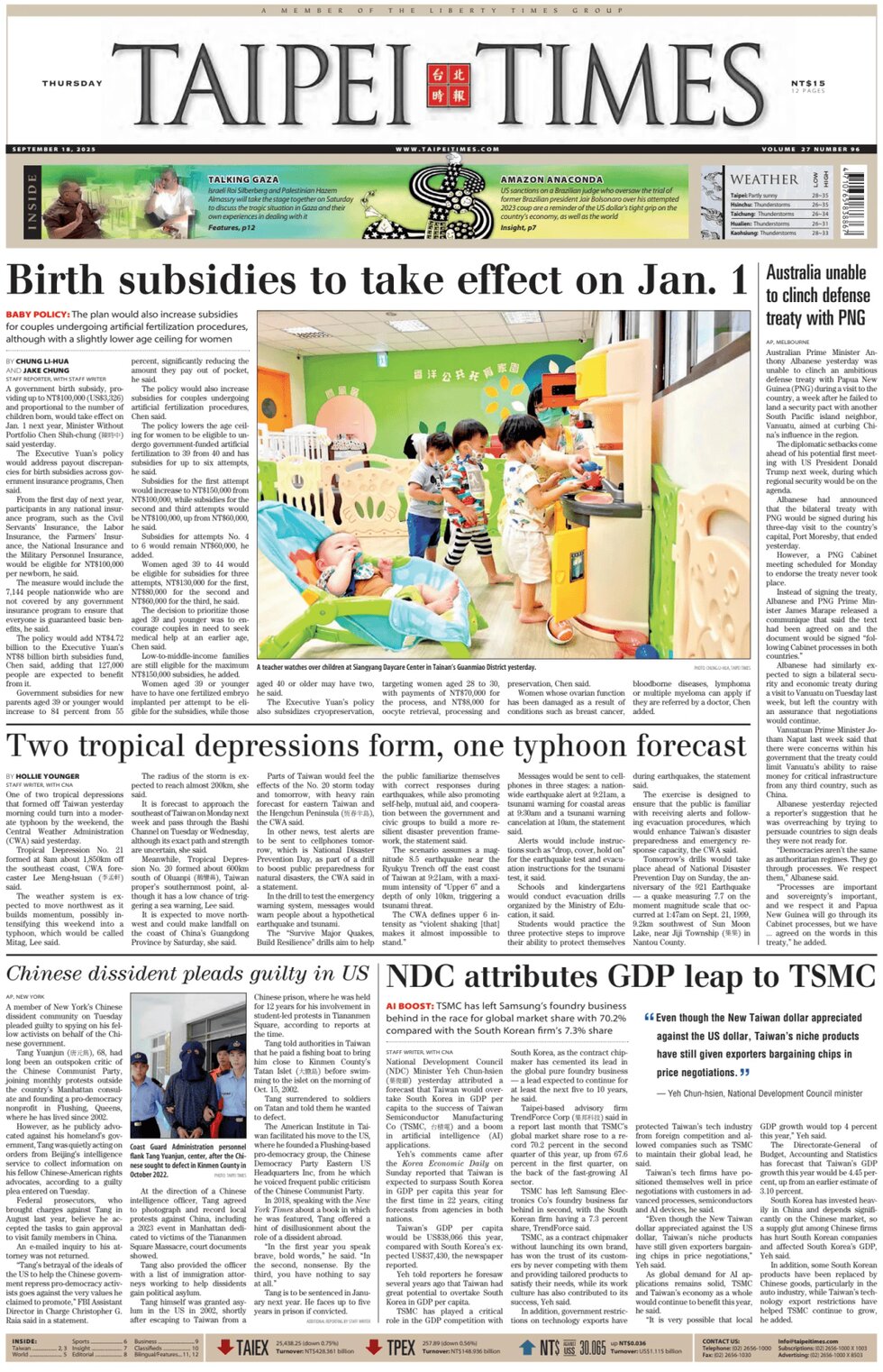 Prima Pagina Taipei Times 18/09/2025