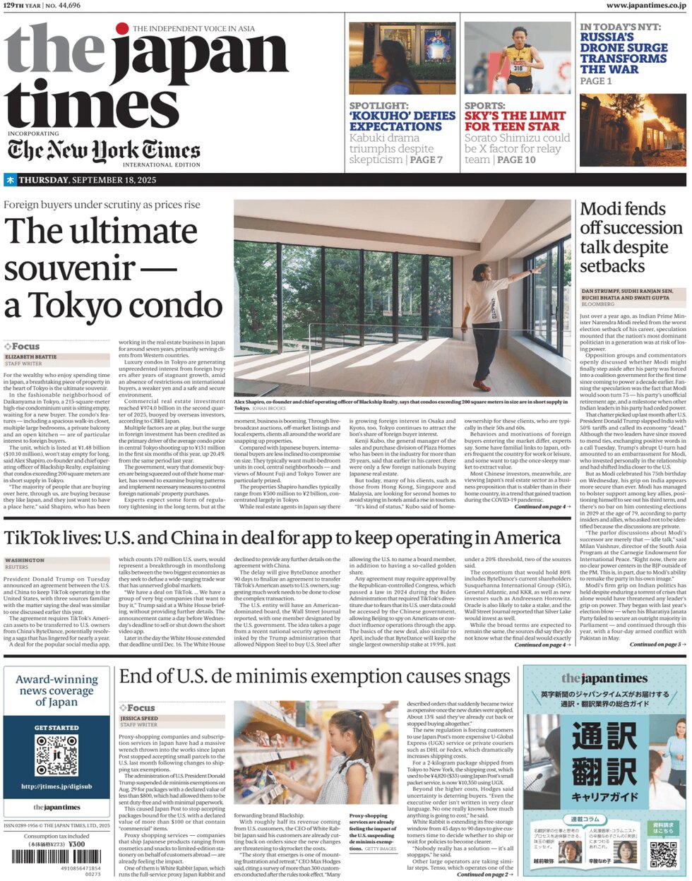 Prima Pagina The Japan Times 18/09/2025