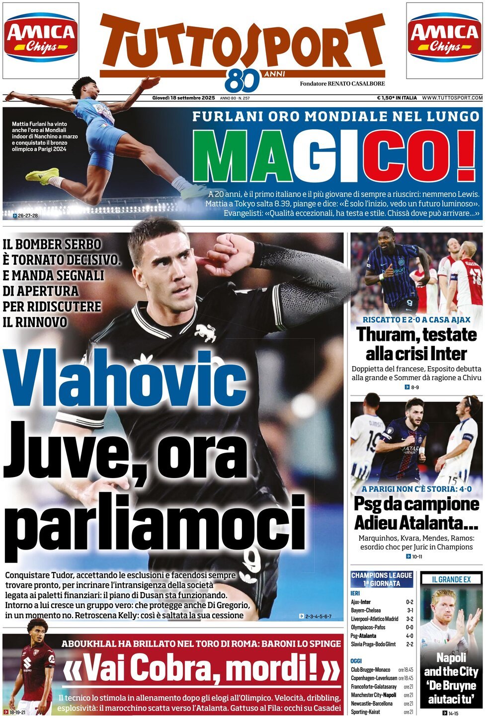 Prima Pagina Tuttosport 18/09/2025