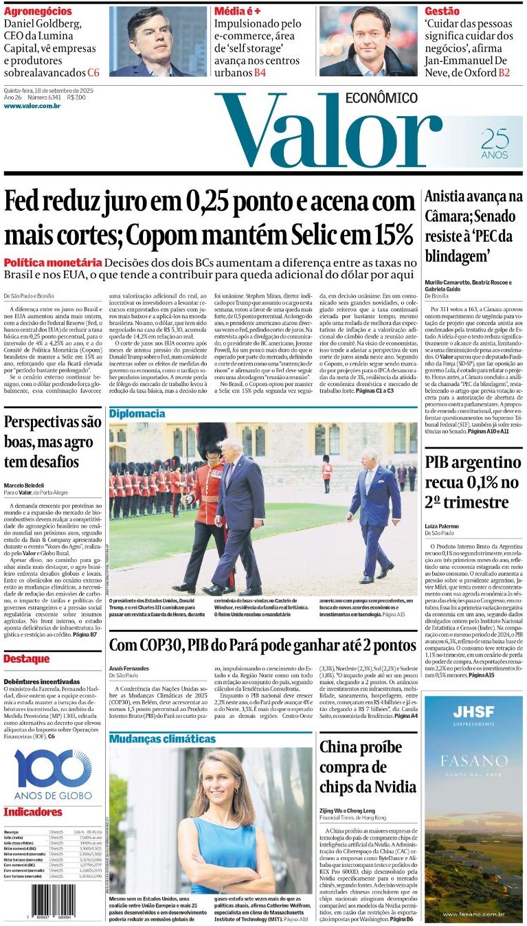 Prima Pagina Valor Econômico 19/09/2025