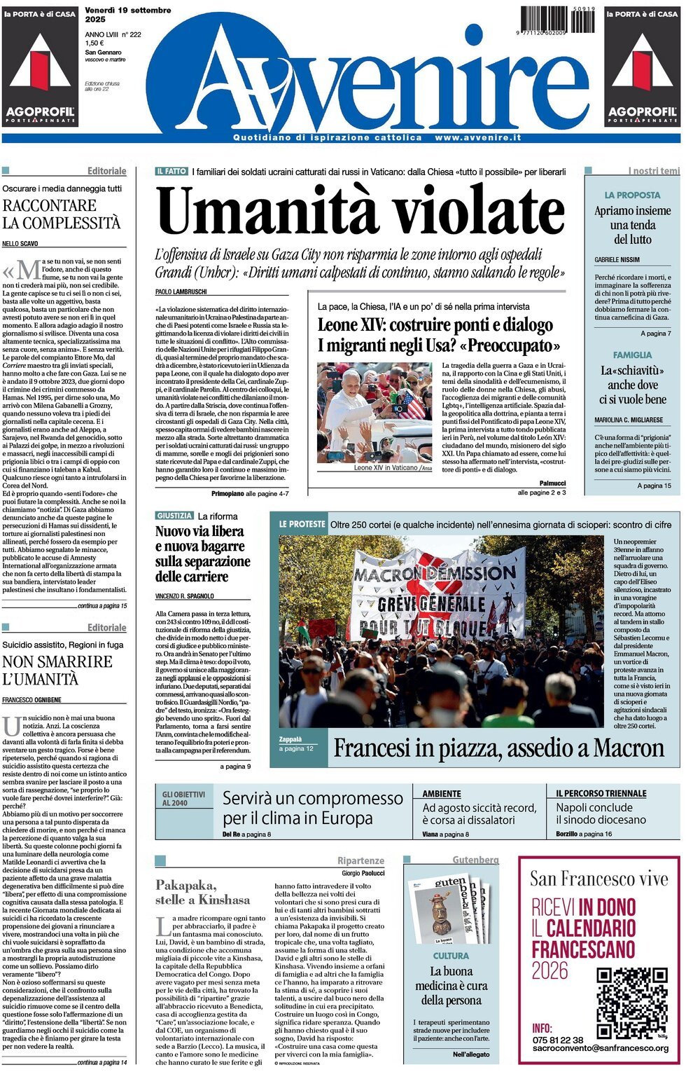 Prima Pagina Avvenire 19/09/2025