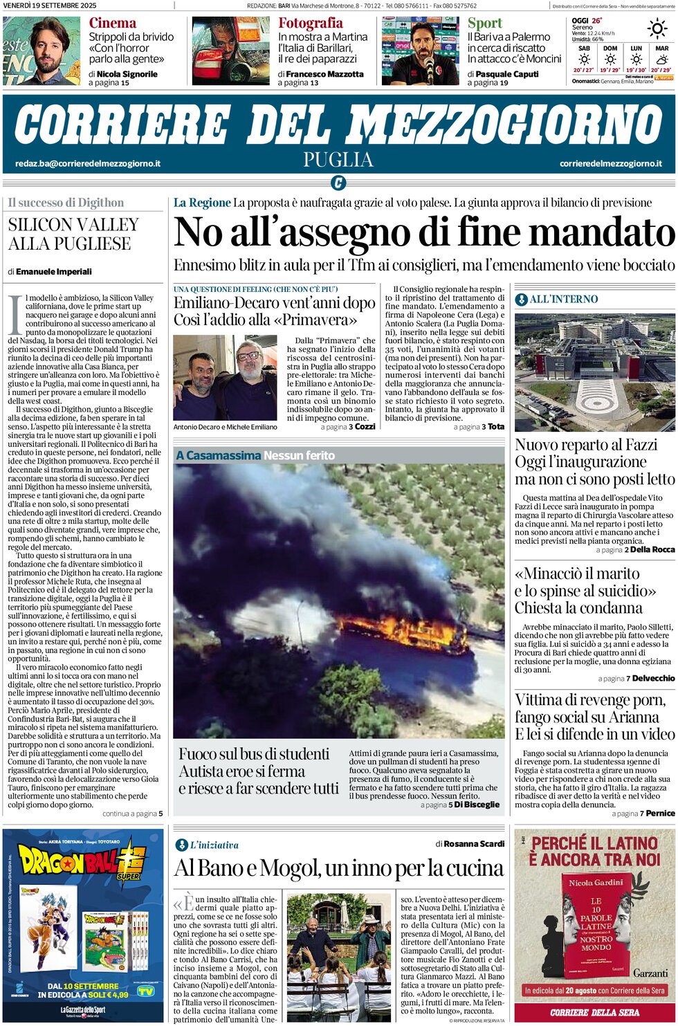 Prima Pagina Corriere del Mezzogiorno (Puglia) 19/09/2025