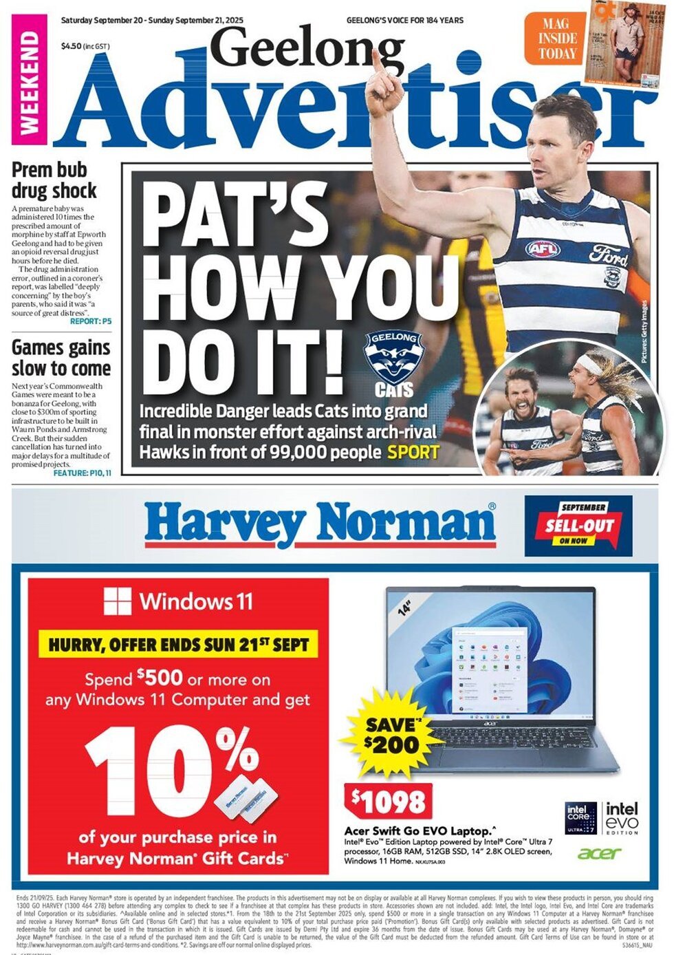 Prima Pagina Geelong Advertiser 21/09/2025