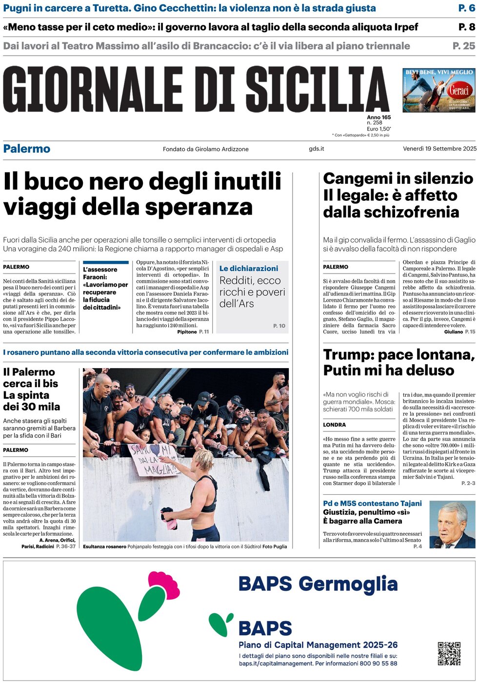 Prima Pagina Giornale di Sicilia (Palermo) 19/09/2025