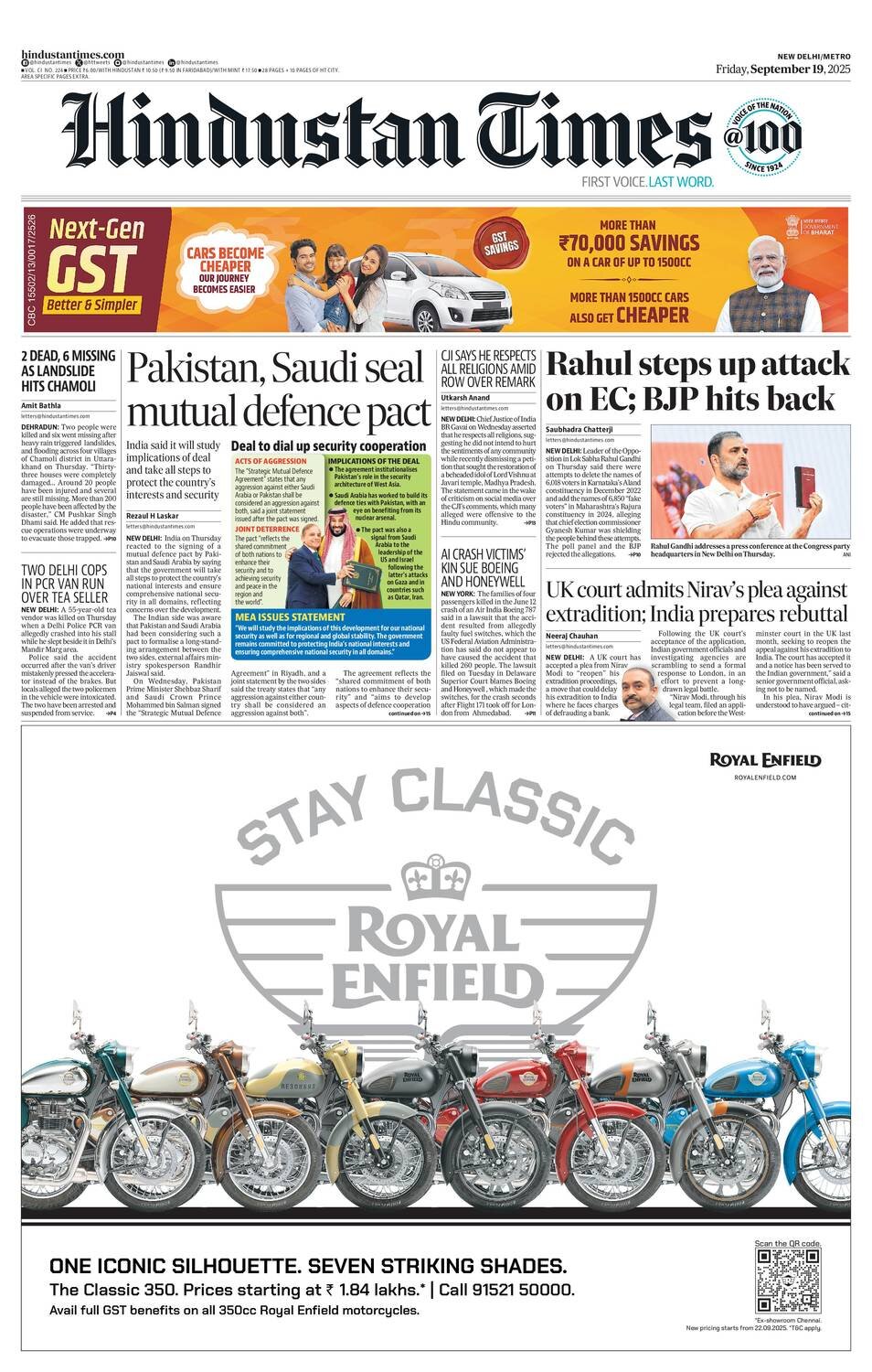 Prima Pagina Hindustan Times 19/09/2025