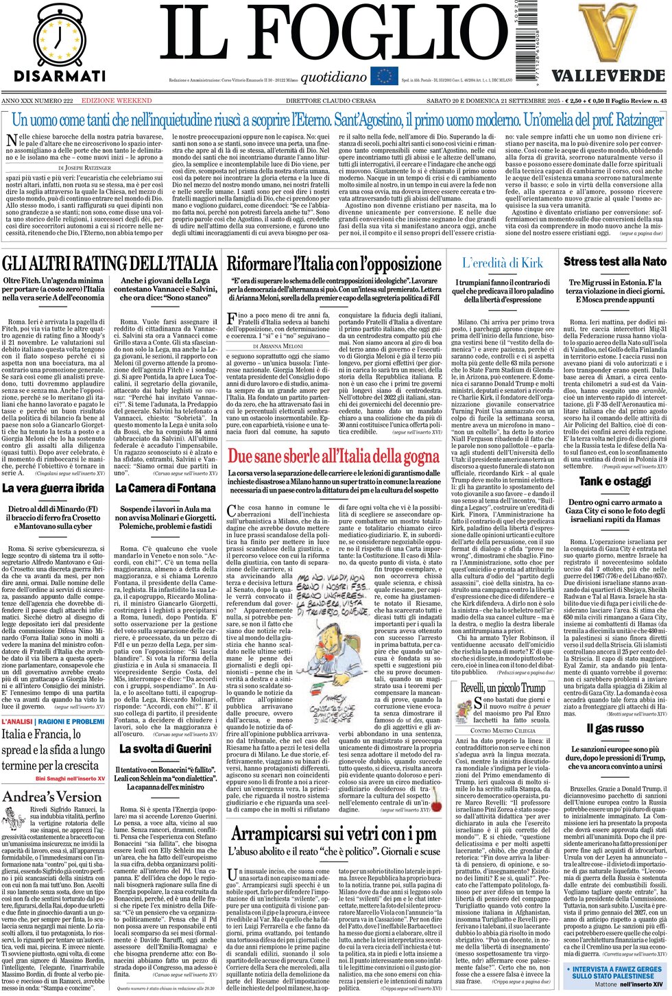 Prima Pagina Il Foglio 21/09/2025