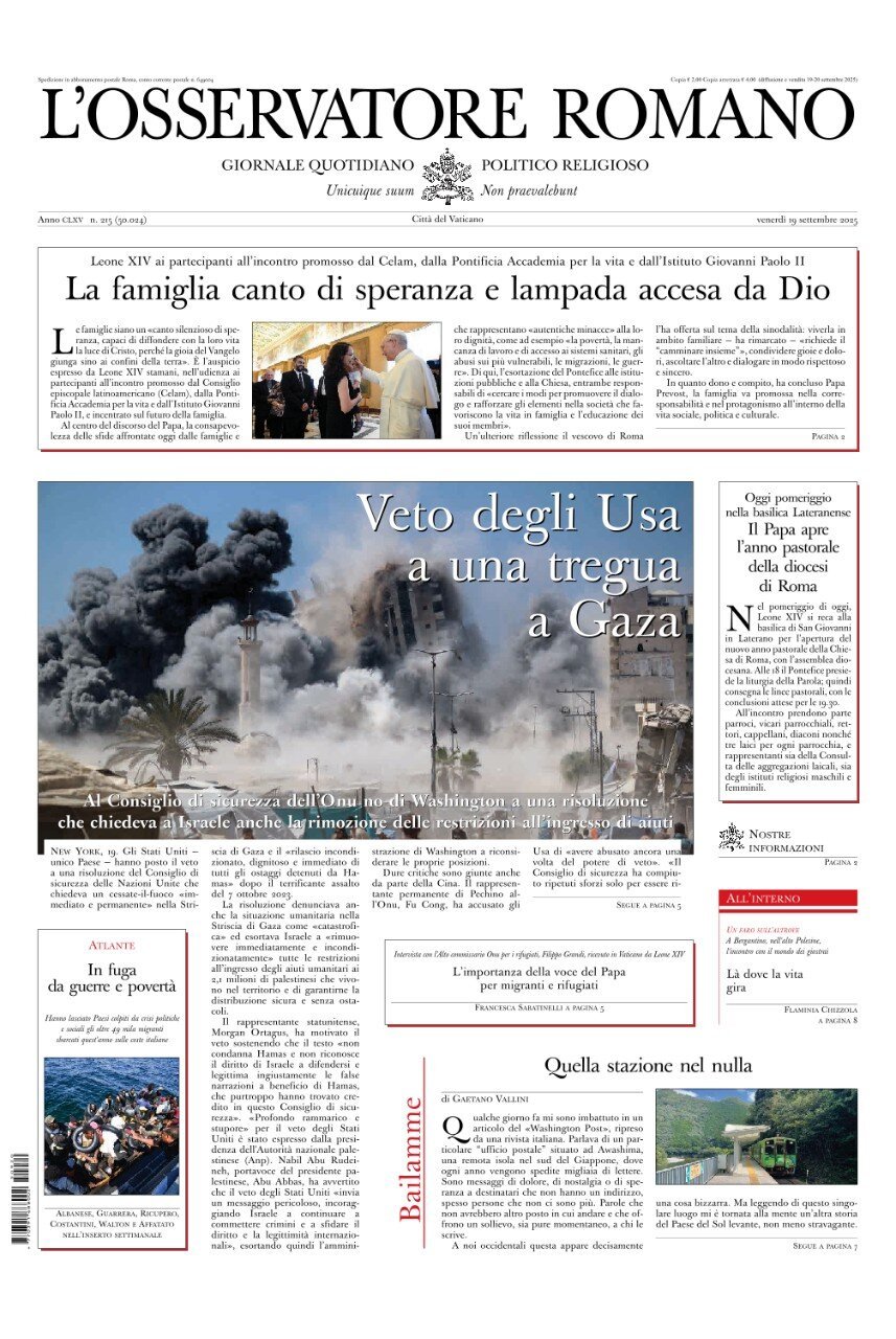Prima Pagina L'Osservatore Romano 19/09/2025