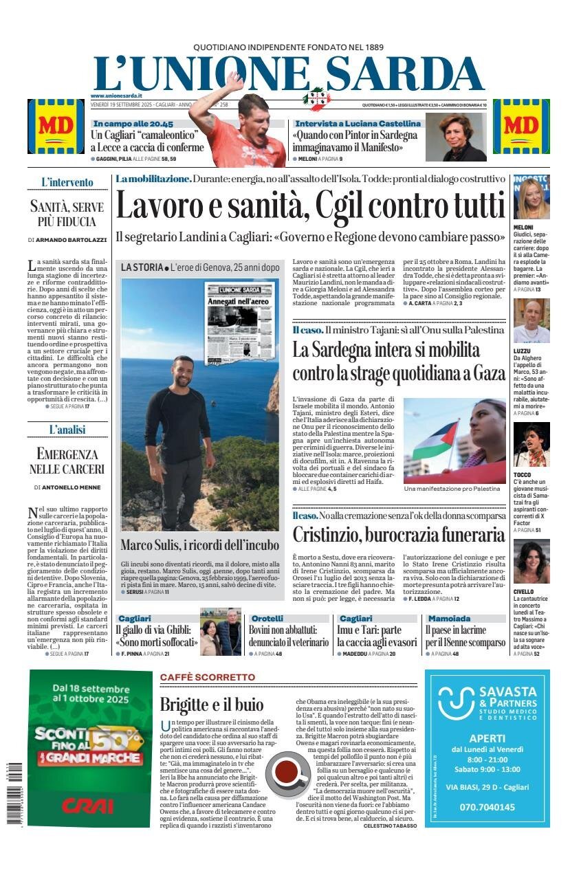 Prima Pagina L'Unione Sarda 19/09/2025