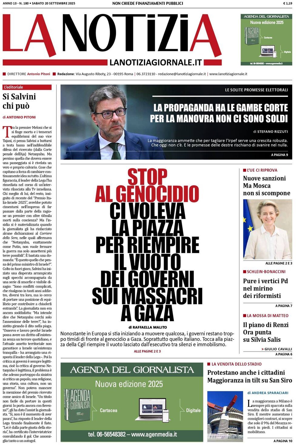 Prima Pagina La Notizia 20/09/2025
