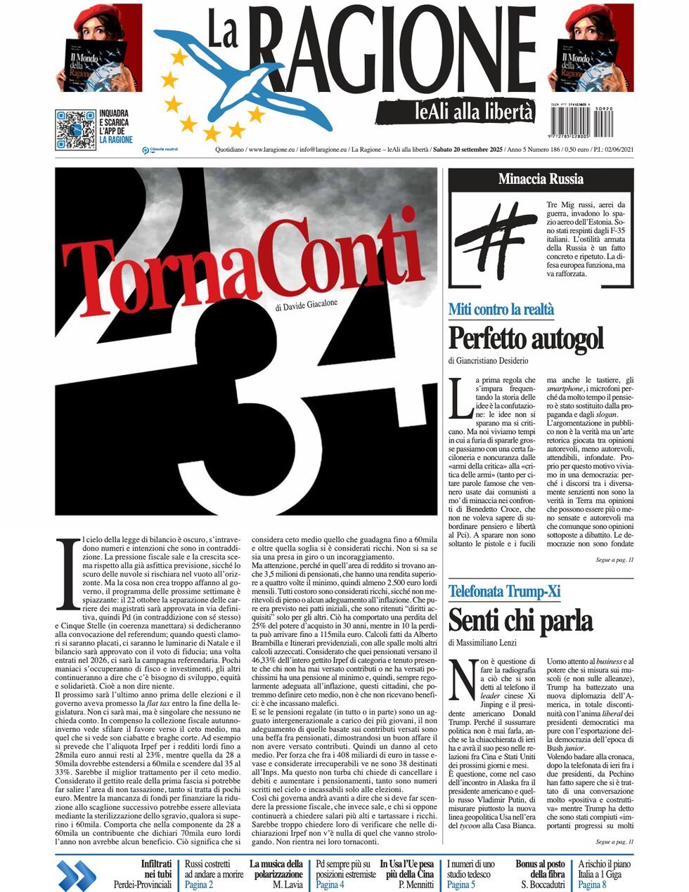 Prima Pagina La Ragione 20/09/2025