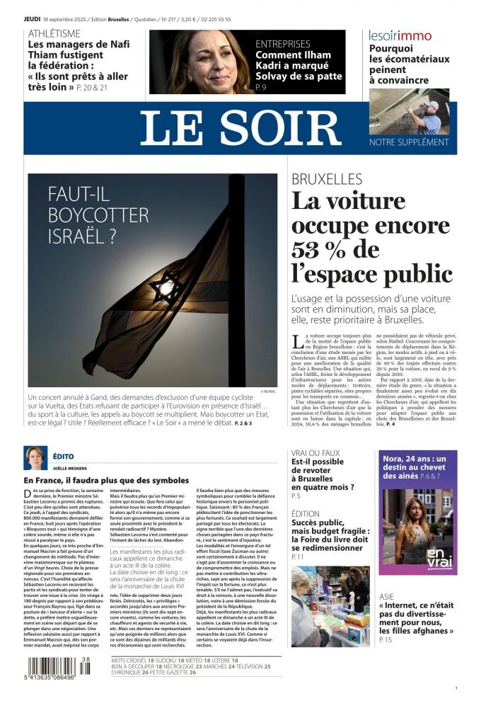 Prima Pagina Le Soir 19/09/2025
