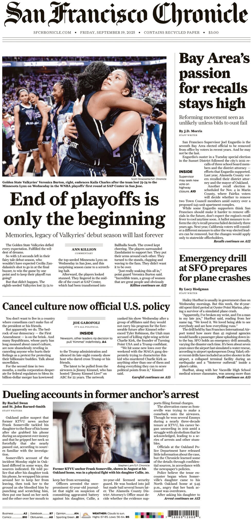 Prima Pagina San Francisco Chronicle 19/09/2025