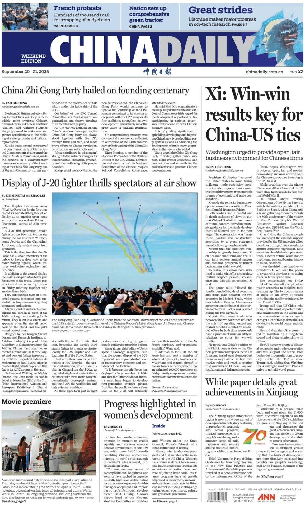 Prima Pagina China Daily 21/09/2025