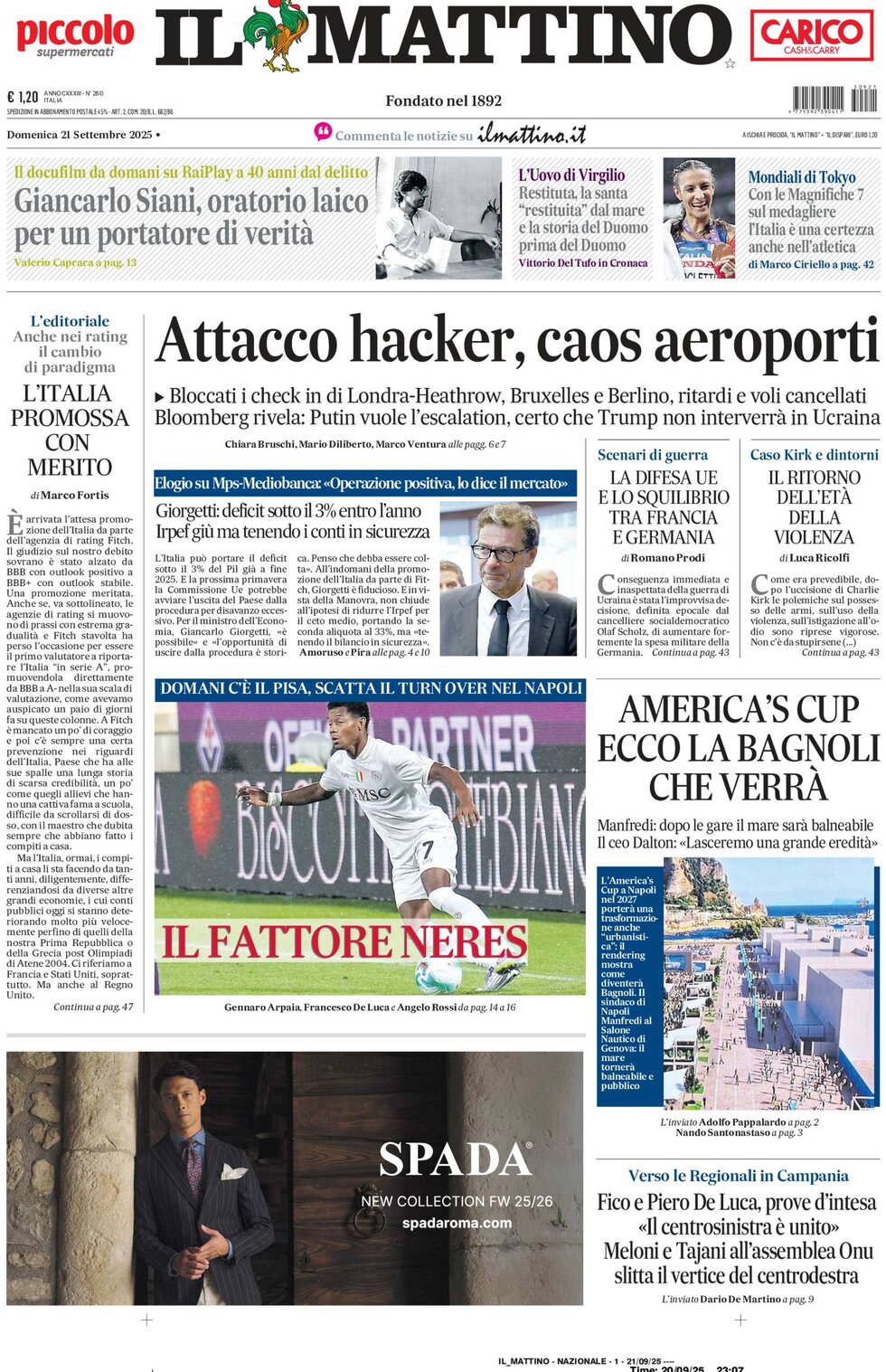 Prima Pagina Il Mattino 21/09/2025