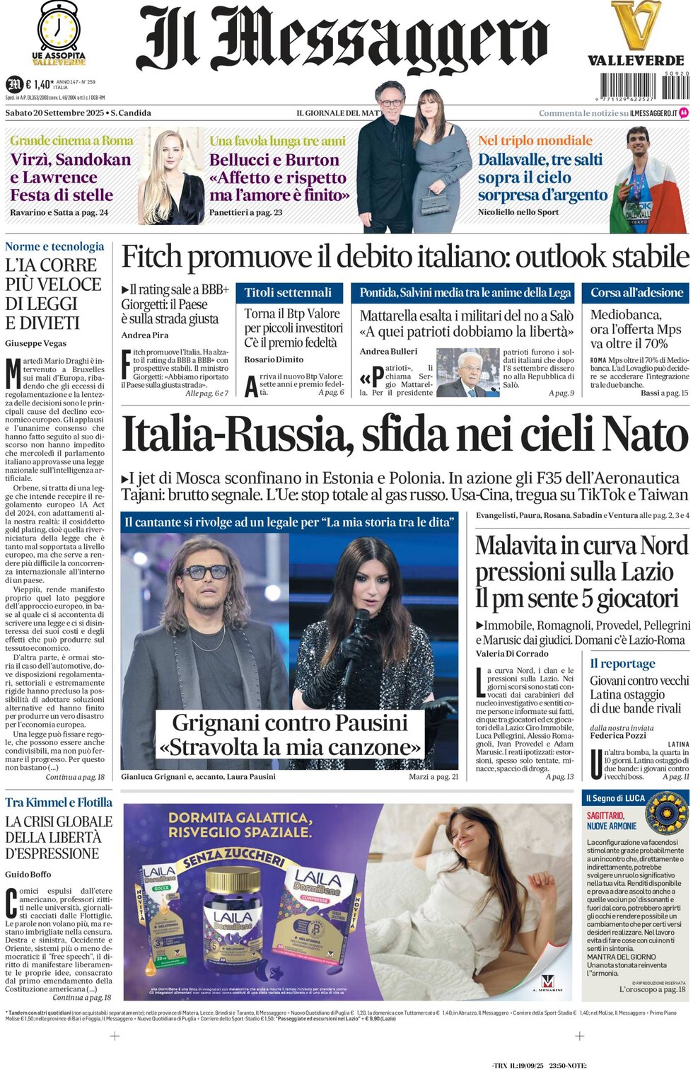 Prima Pagina Il Messaggero 20/09/2025