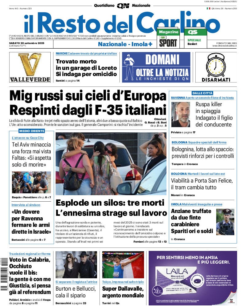 Prima Pagina Il Resto del Carlino 20/09/2025