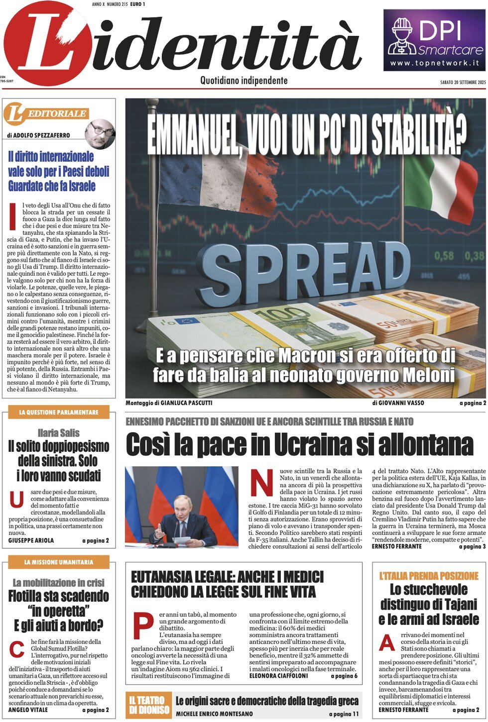 Prima Pagina L'Identità 20/09/2025