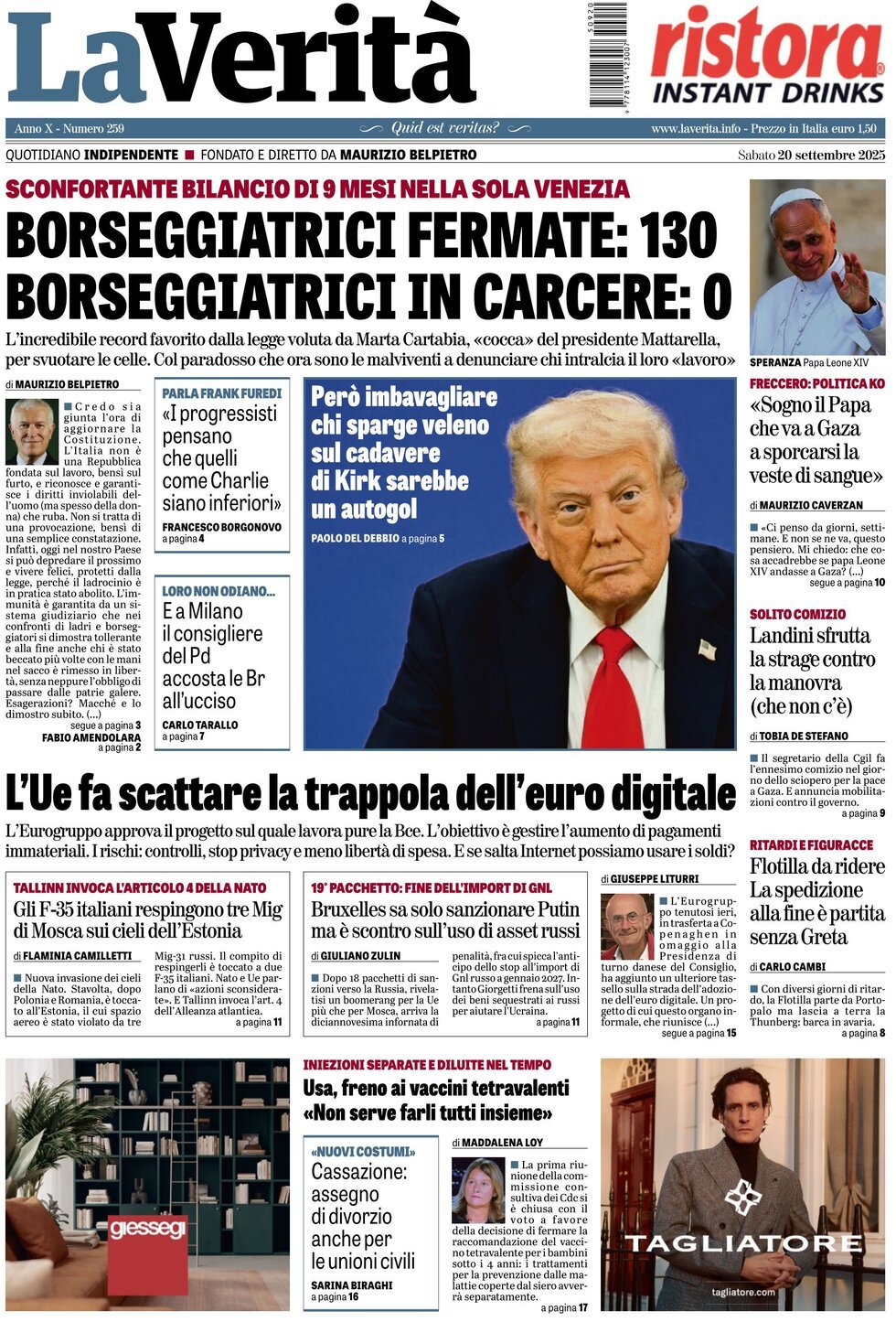 Prima Pagina La Verità 20/09/2025