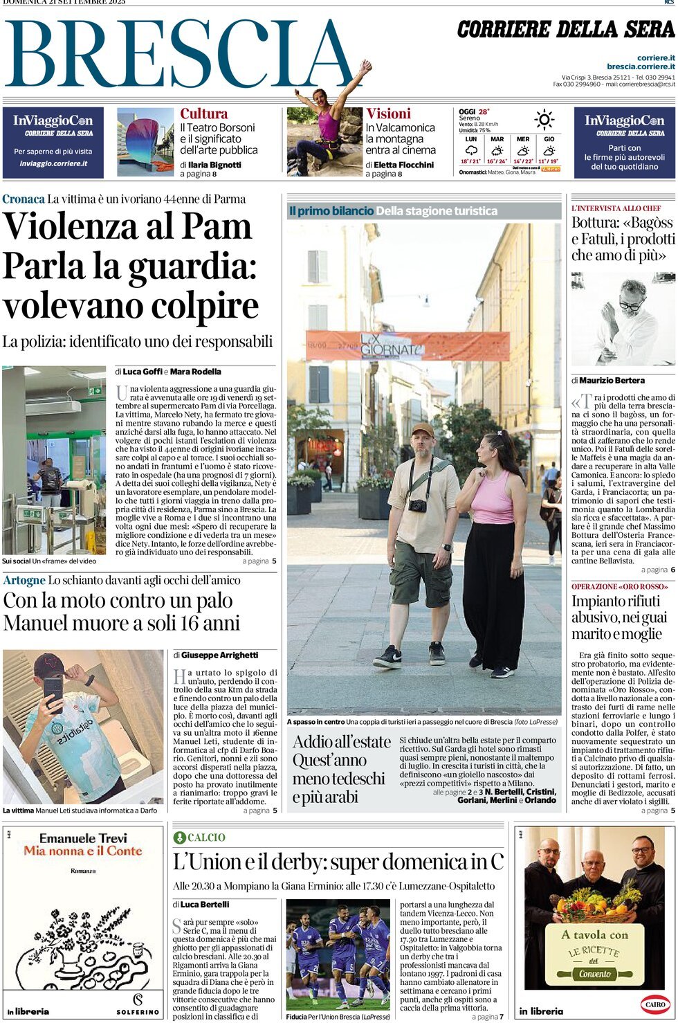 Prima Pagina Corriere della Sera (Brescia) 21/09/2025
