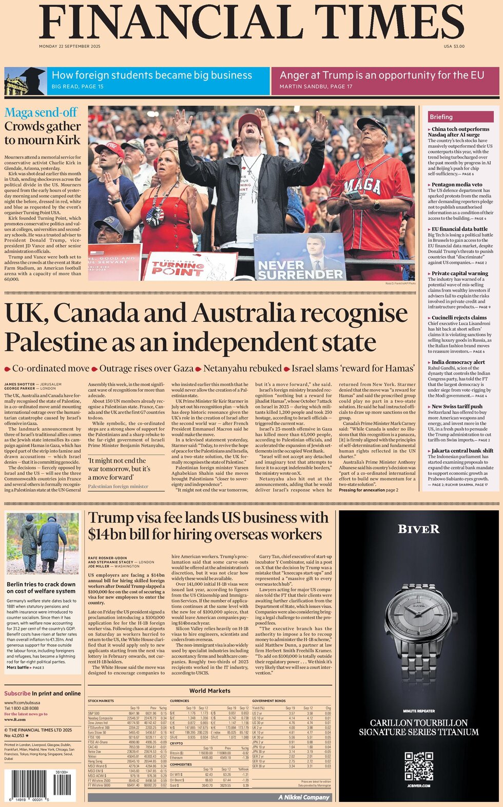 Prima Pagina Financial Times 22/09/2025