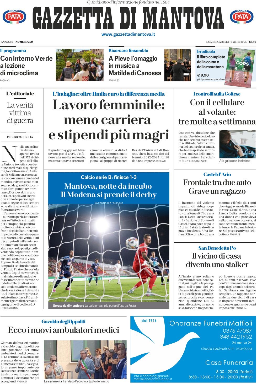 Prima Pagina Gazzetta di Mantova 21/09/2025