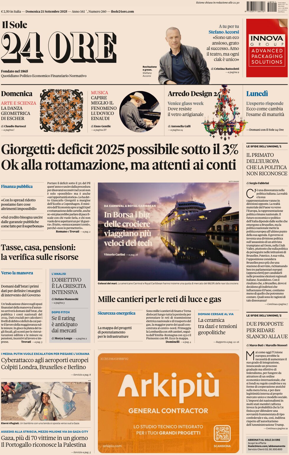 Prima Pagina Il Sole 24 Ore 21/09/2025