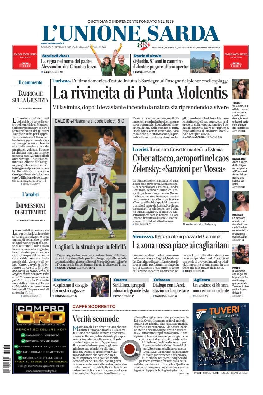 Prima Pagina L'Unione Sarda 21/09/2025