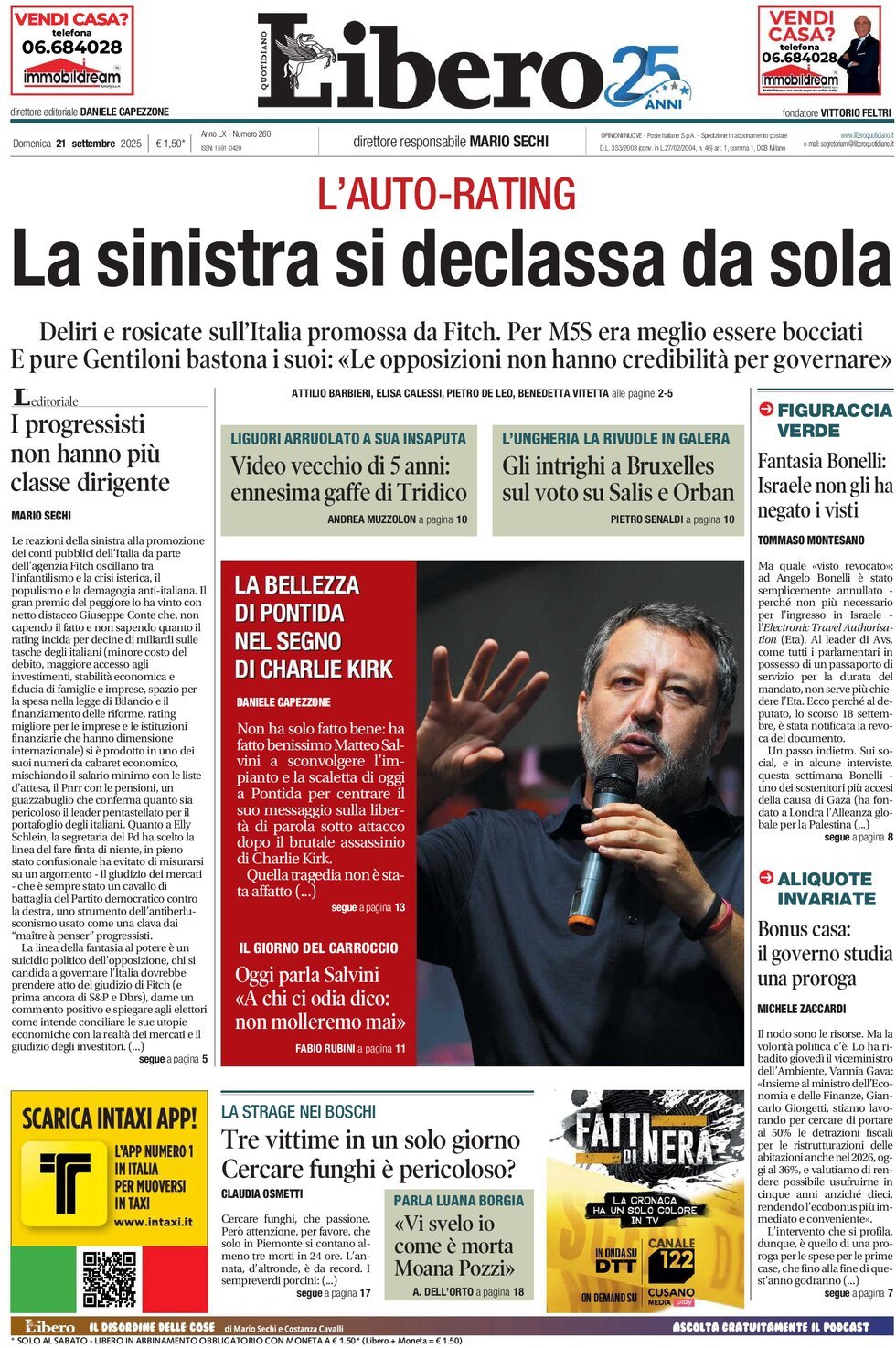 Prima Pagina Libero Quotidiano 21/09/2025
