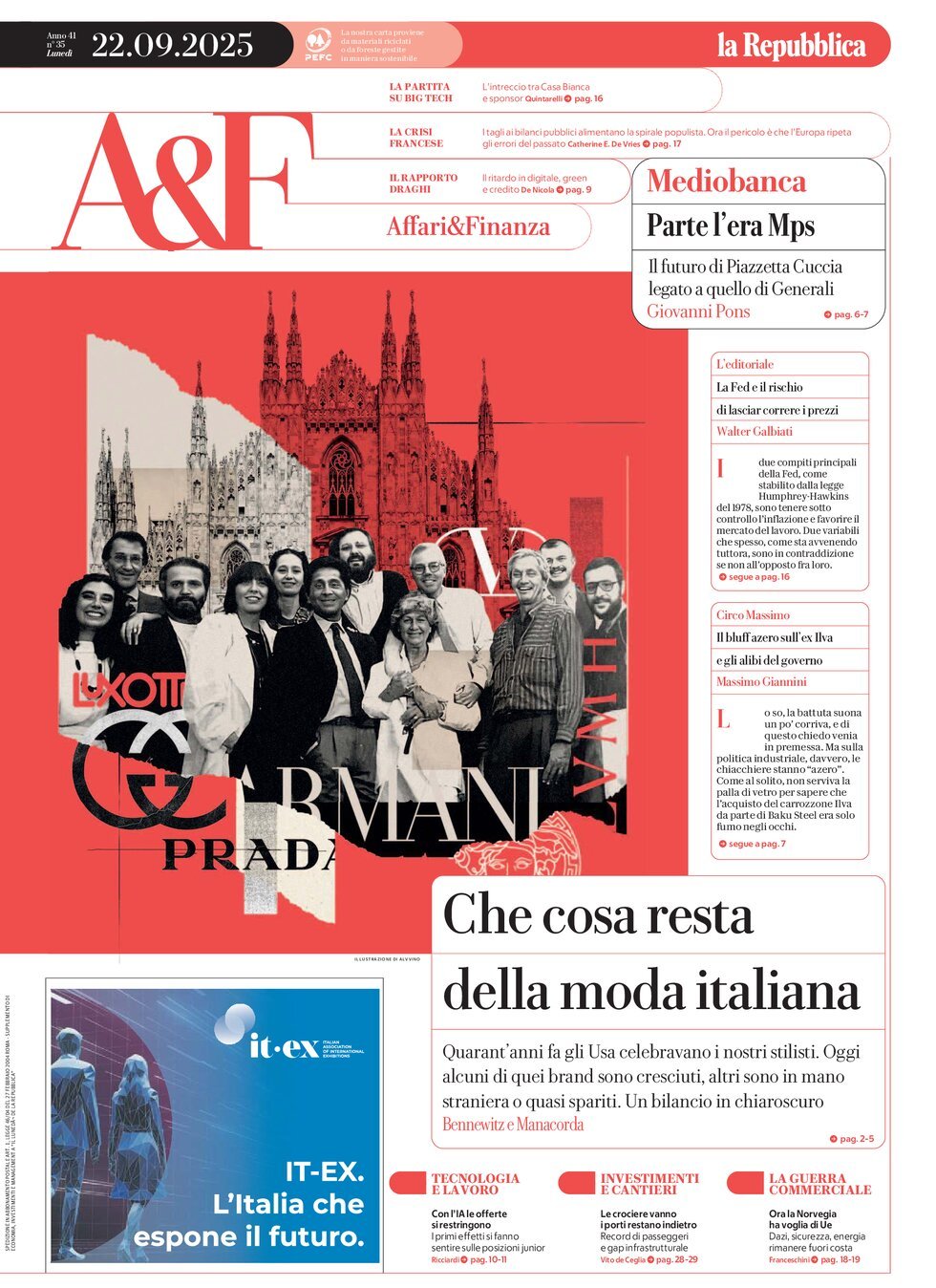 Copertina Affari & Finanza (la Repubblica) 22/09/2025