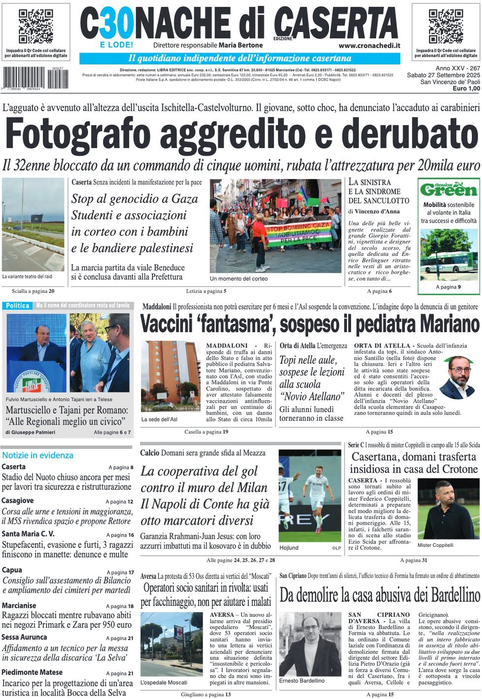 Prima Pagina Cronache di Caserta 27/09/2025