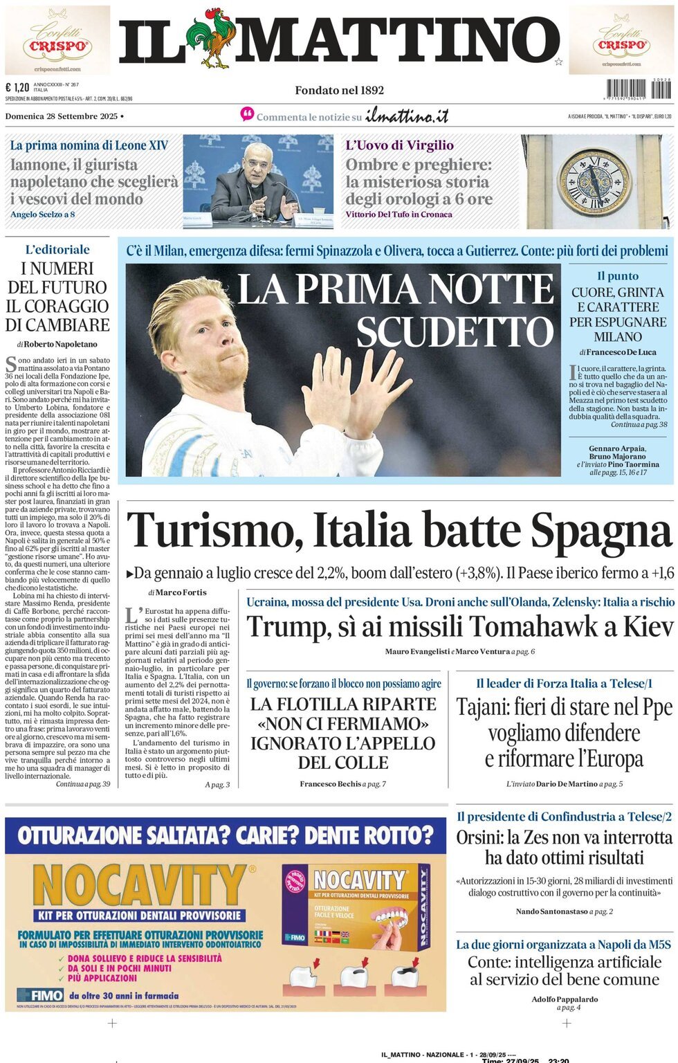 Prima Pagina Il Mattino 28/09/2025
