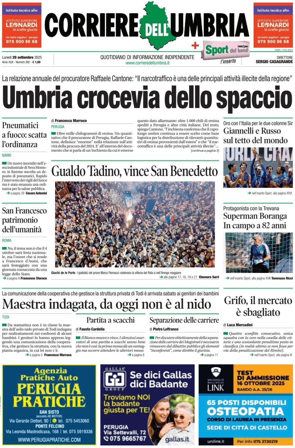 Prima Pagina Corriere dell'Umbria 29/09/2025