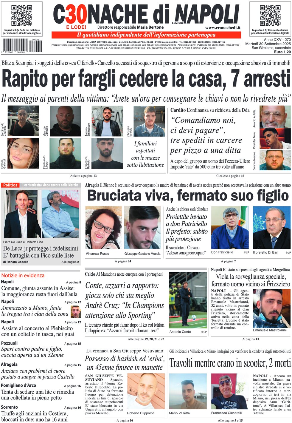 Prima Pagina Cronache di Napoli 30/09/2025