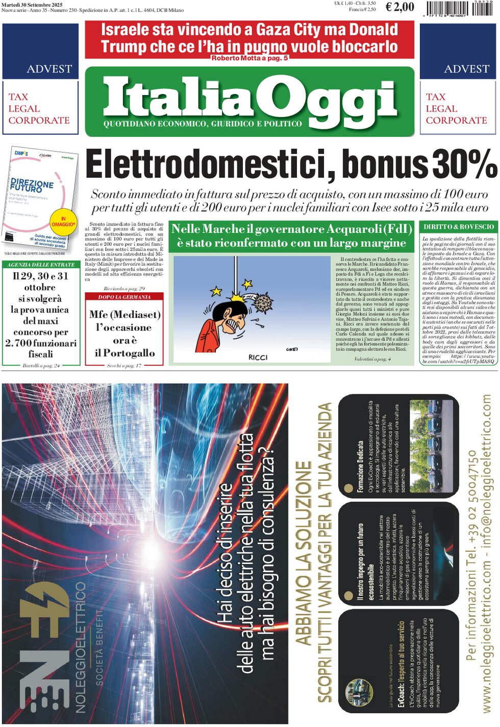 Prima Pagina ItaliaOggi 30/09/2025