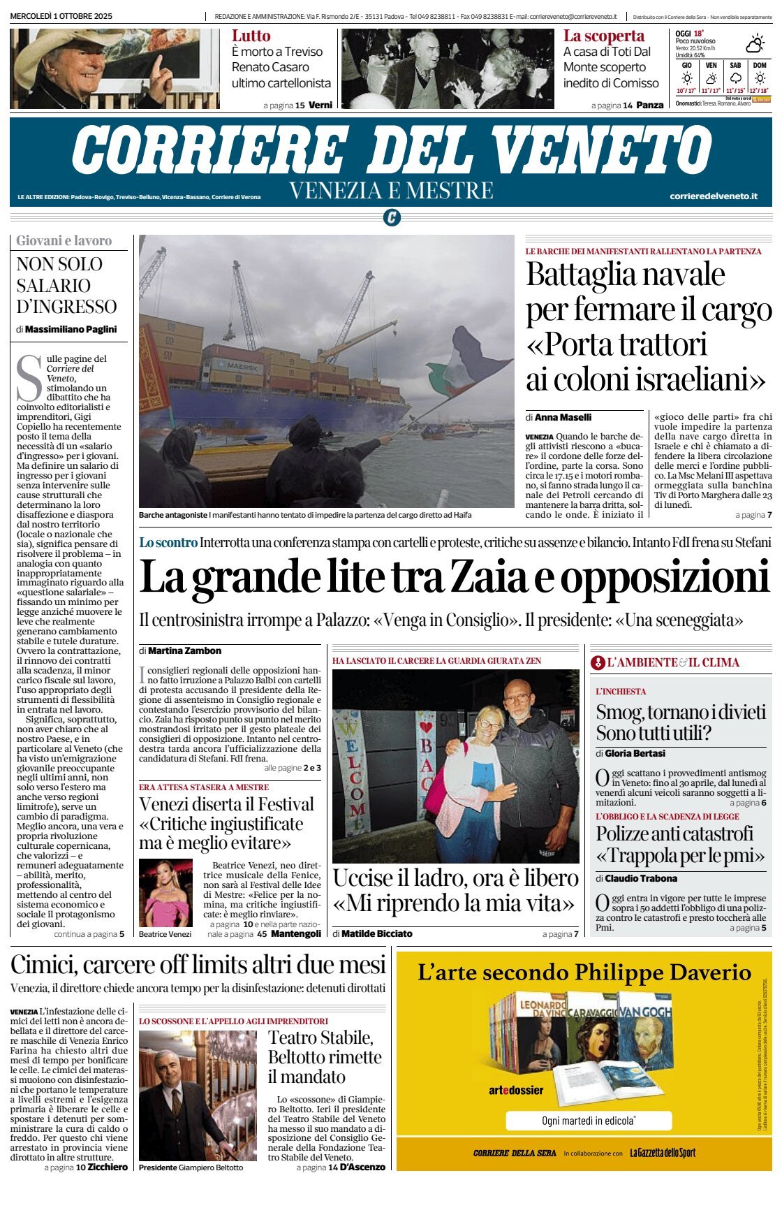 Prima Pagina Corriere del Veneto 01/10/2025