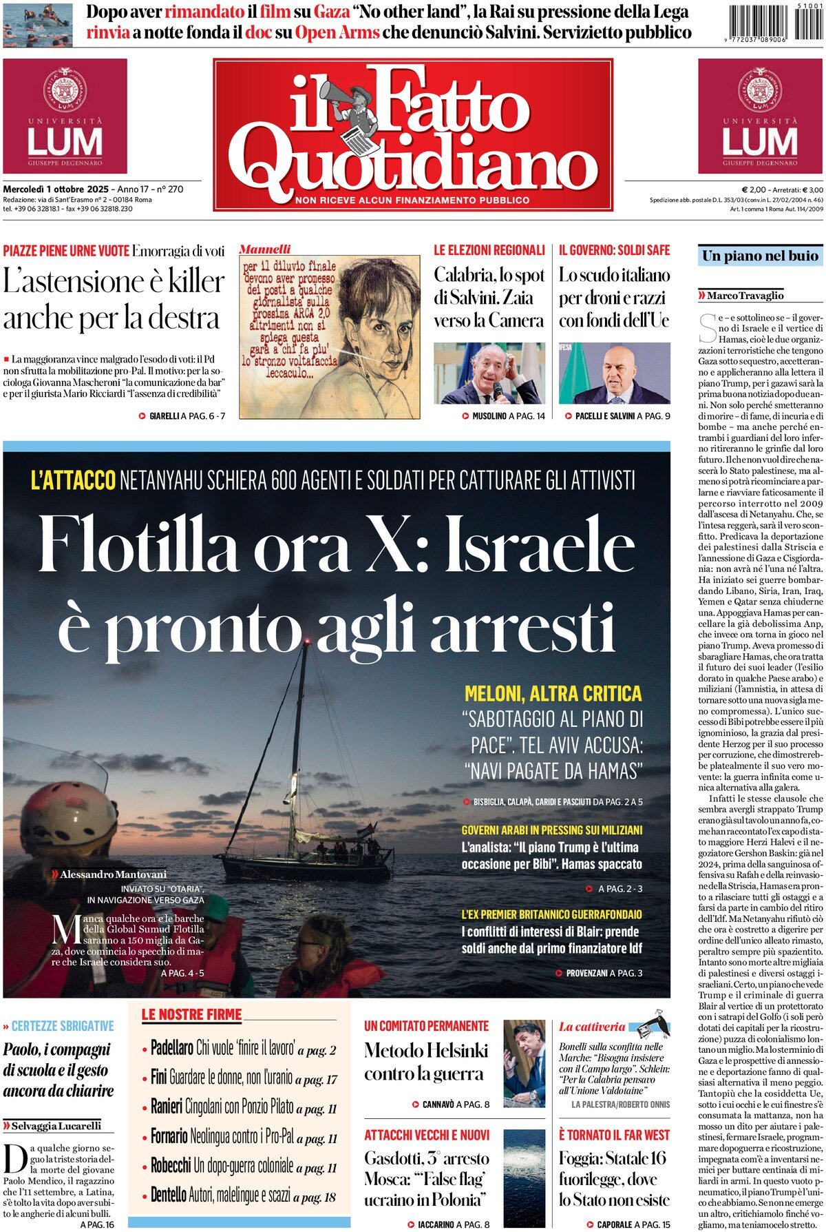 Prima Pagina Il Fatto Quotidiano 01/10/2025
