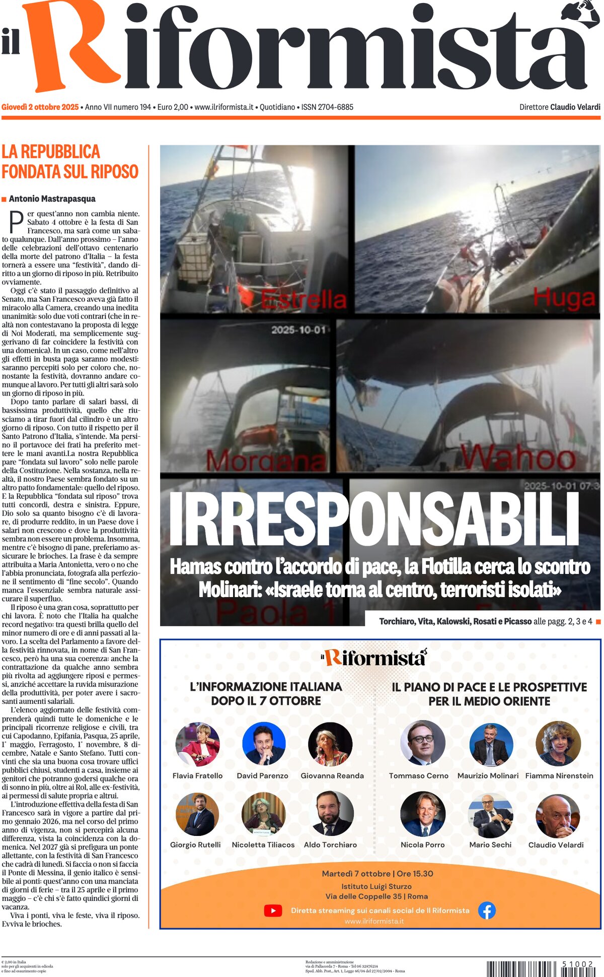 Prima Pagina Il Riformista 02/10/2025