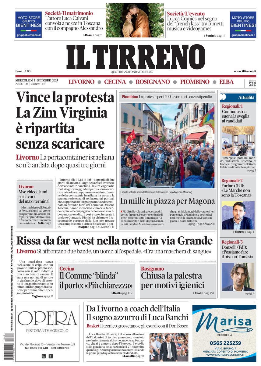 Prima Pagina Il Tirreno (Livorno, Cecina, Rosignano, Piombino, Elba) 01/10/2025