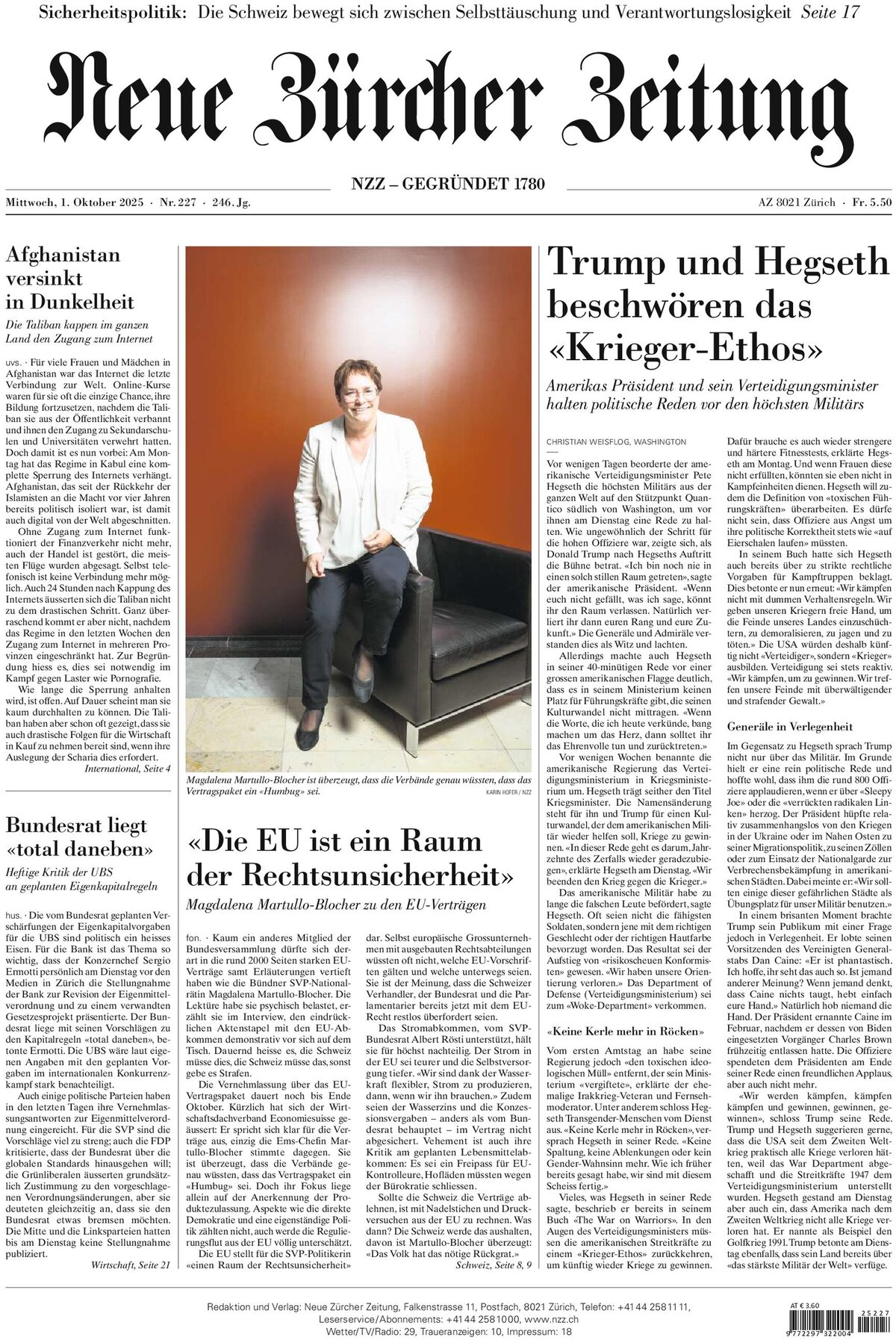 Prima Pagina NZZ (Neue Zürcher Zeitung) 01/10/2025