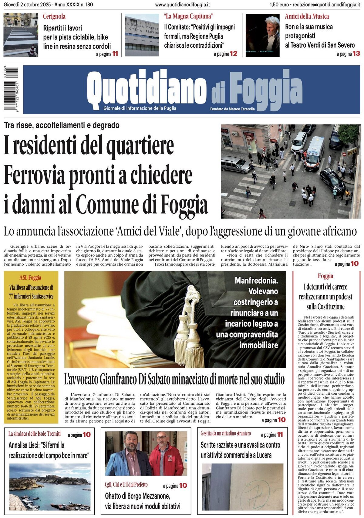 Prima Pagina Quotidiano di Foggia 02/10/2025