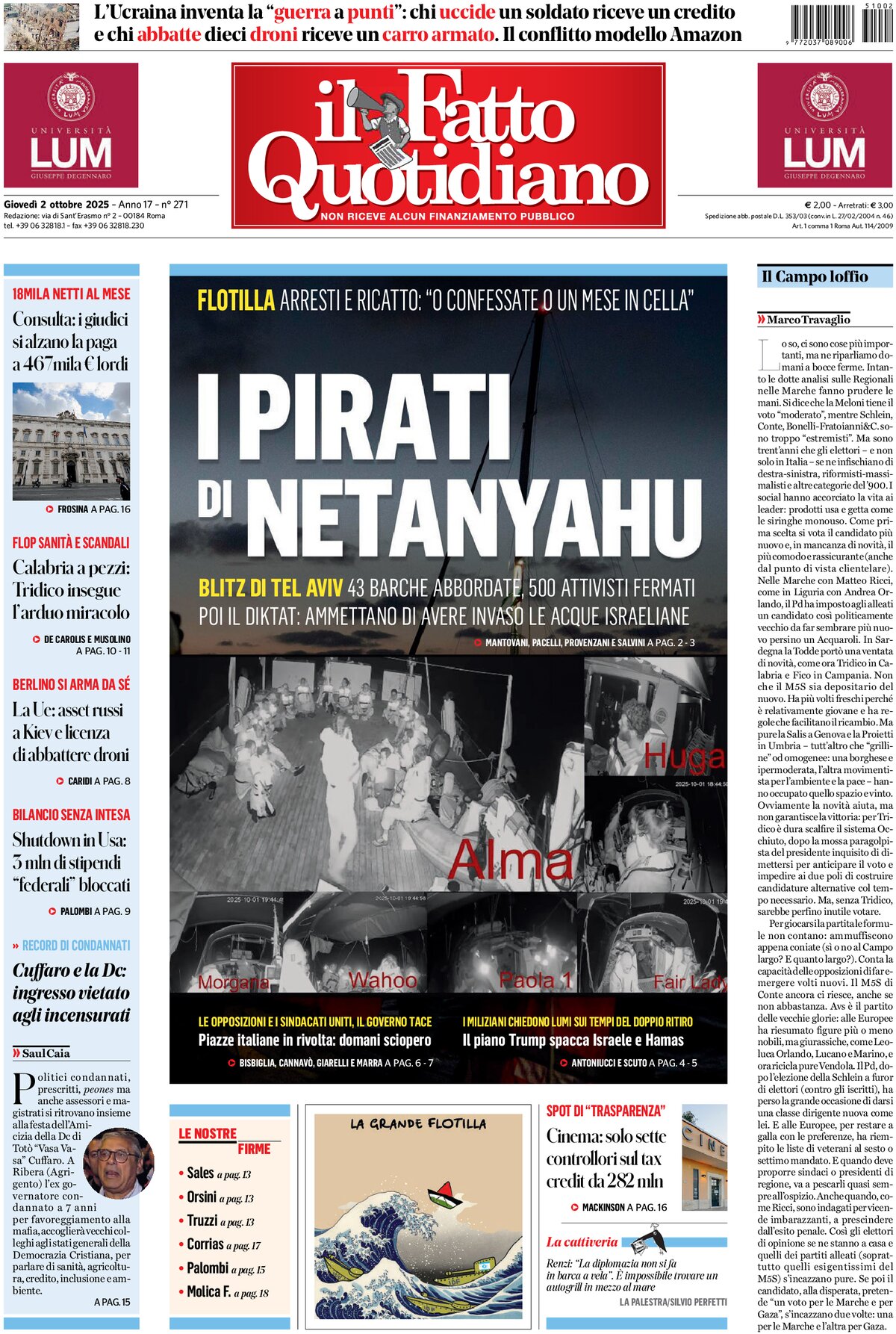 Prima Pagina Il Fatto Quotidiano 02/10/2025