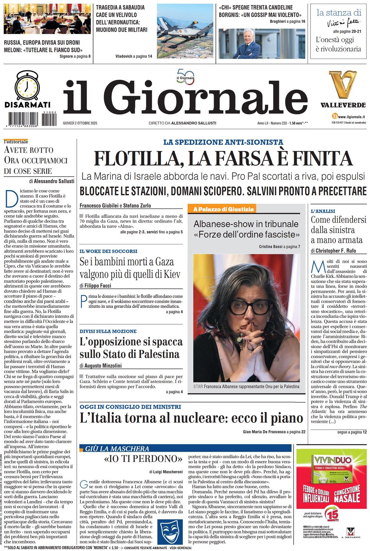 Prima Pagina Il Giornale 02/10/2025