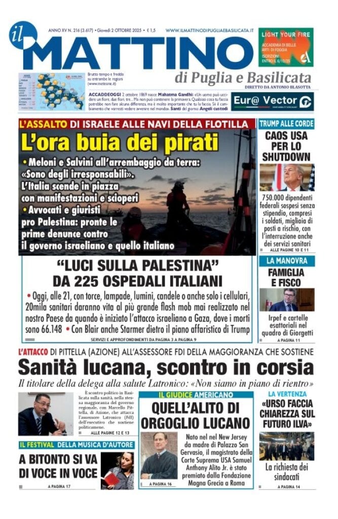 Prima Pagina Il Mattino di Puglia e Basilicata 02/10/2025