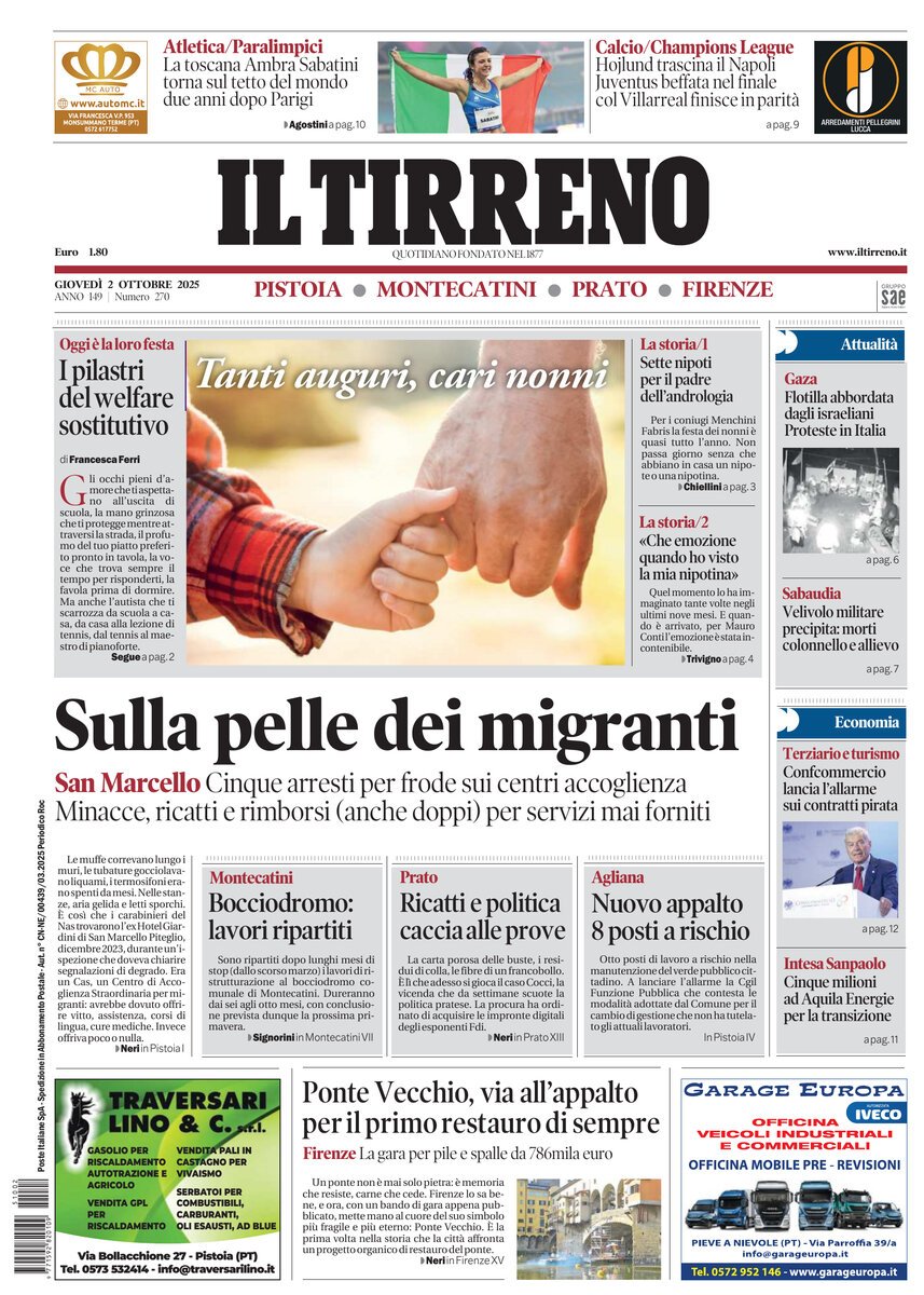 Prima Pagina Il Tirreno (Firenze, Prato, Pistoia, Montecatini) 02/10/2025