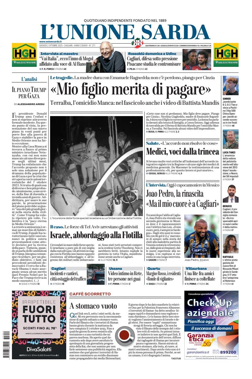 Prima Pagina L'Unione Sarda 02/10/2025